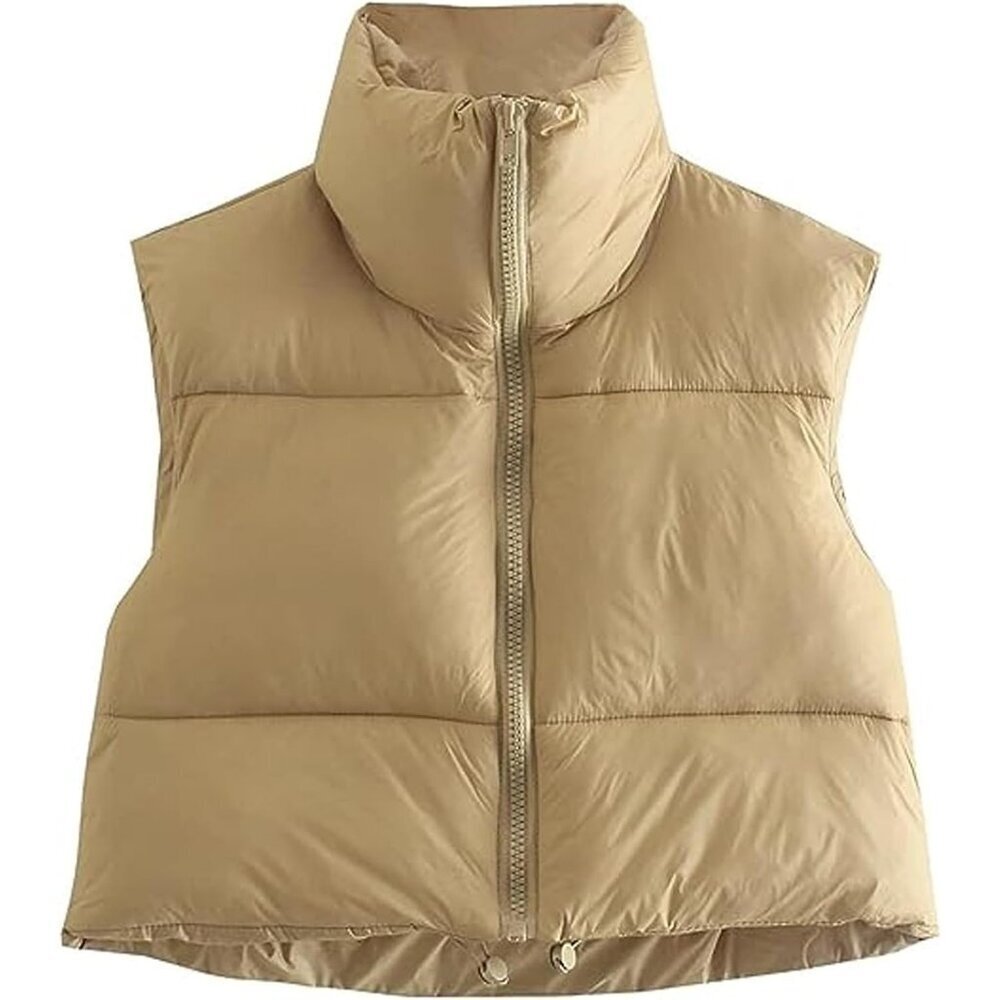 Women's Khaki Fashion High Neck Zipper Cropped Puffer Vest Jacket Coat Cardigan